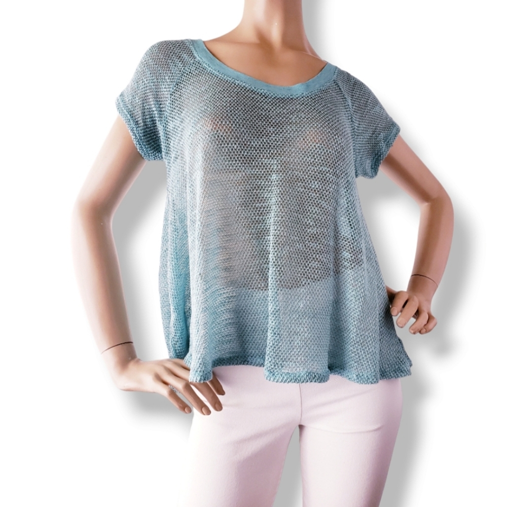 Anthropologie Eri & Ali Green-Blue Open Weave Knit Blouse